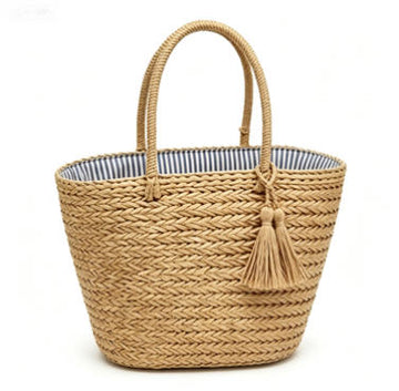 Classic Woven Straw Beach Tote Bag, Summer Basket Bag with Tassel Detail & Striped Lining