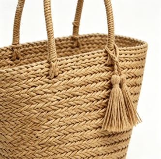 Classic Woven Straw Beach Tote Bag, Summer Basket Bag with Tassel Detail & Striped Lining