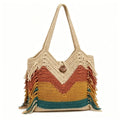 Colorful Chevron Crochet Beach Tote Bag, Bohemian Fringe Shoulder Bag for Summer
