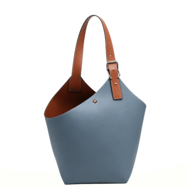 Genuine Leather Color-Block Bucket Tote Bag, Women's Large Asymmetrical Shoulder Bag with Adjustable Strap, OEM/ODM Customizable