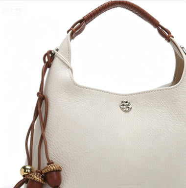 Chic Cream Hobo Handbag, Soft Pebbled Leather Bucket Bag with Acorn Charm Detail