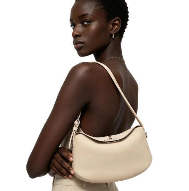 Chic Beige Suede-Effect Hobo Bag, Minimalist Flap Shoulder Bag with Silver Hardware