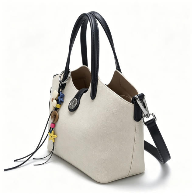 Chic Beige Canvas Tote Bag, Casual Bucket Handbag with Colorful Charm & Leather Trim