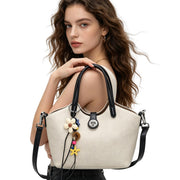 Chic Beige Canvas Tote Bag, Casual Bucket Handbag with Colorful Charm & Leather Trim