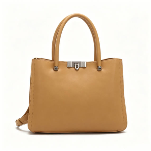 Elegant Camel Structured Tote Bag, Versatile Satchel Handbag with Silver Hardware