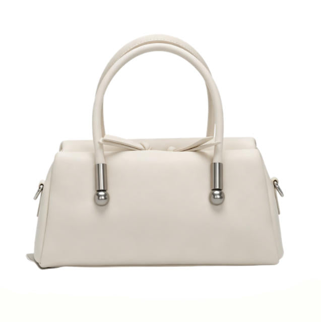 Cream White Structured Top-Handle Handbag, Women's Minimalist Satchel with Silver Hardware, Detachable Crossbody Strap, OEM/ODM Customizable