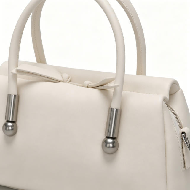 Cream White Structured Top-Handle Handbag, Women's Minimalist Satchel with Silver Hardware, Detachable Crossbody Strap, OEM/ODM Customizable