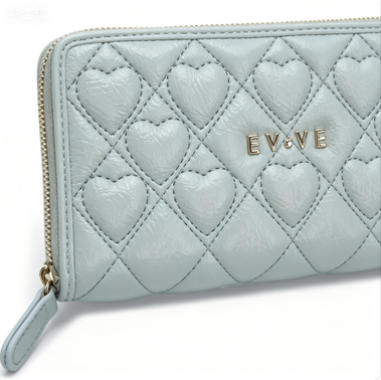 Light Grey Heart Quilted Faux Leather Long Zipper Wallet, Women Multi-Card Purse with Custom Metal Logo, Bulk Supply for Established Fashion Brands & Department Store Chains