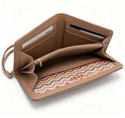 Colorful Chevron Woven Straw Long Zip Wallet, Contrast Faux Leather Trim Ladies Clutch Purse with Custom Metal Logo, Bulk Supply for Established Fashion Brands & Mall Retail Chains