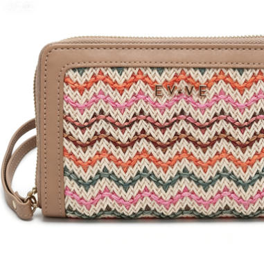 Colorful Chevron Woven Straw Long Zip Wallet, Contrast Faux Leather Trim Ladies Clutch Purse with Custom Metal Logo, Bulk Supply for Established Fashion Brands & Mall Retail Chains