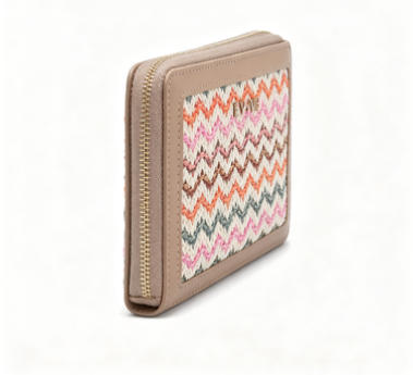 Colorful Chevron Woven Straw Long Zip Wallet, Contrast Faux Leather Trim Ladies Clutch Purse with Custom Metal Logo, Bulk Supply for Established Fashion Brands & Mall Retail Chains