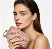 Colorful Chevron Woven Straw Long Zip Wallet, Contrast Faux Leather Trim Ladies Clutch Purse with Custom Metal Logo, Bulk Supply for Established Fashion Brands & Mall Retail Chains