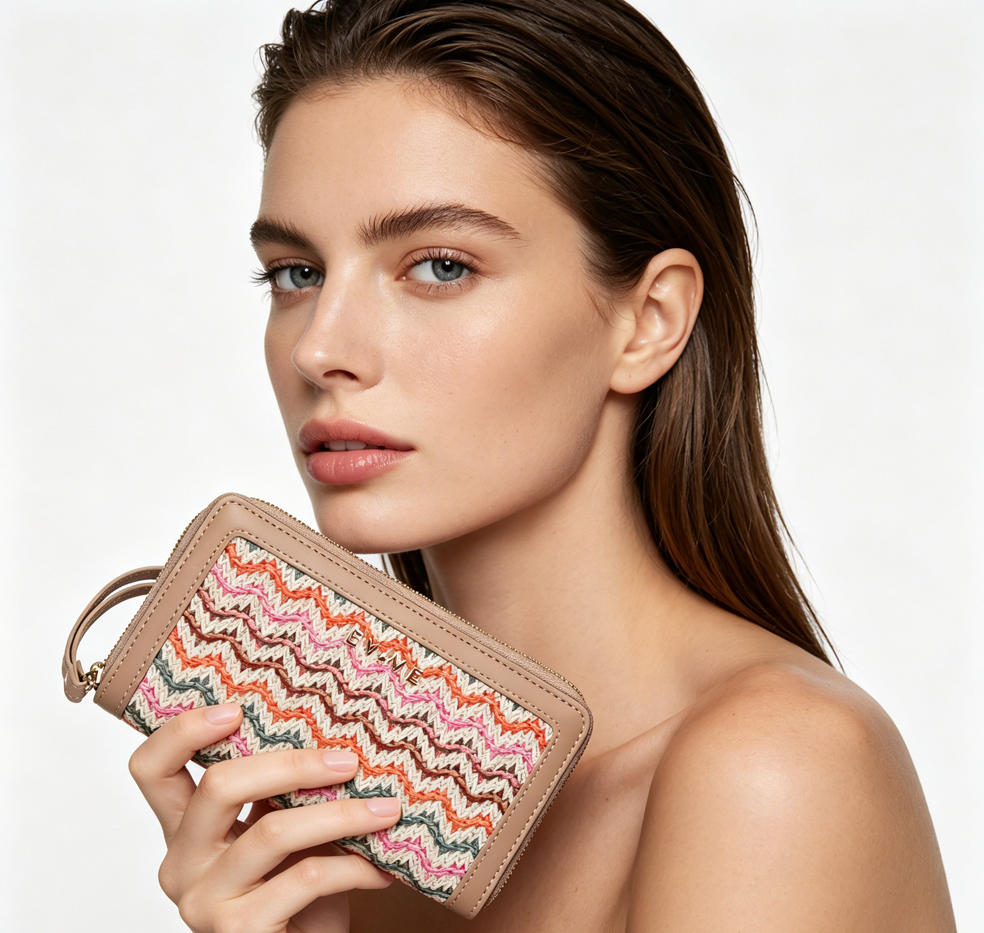 Colorful Chevron Woven Straw Long Zip Wallet, Contrast Faux Leather Trim Ladies Clutch Purse with Custom Metal Logo, Bulk Supply for Established Fashion Brands & Mall Retail Chains