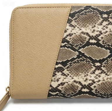 Snake Print Color Block Faux Leather Long Zip Around Wallet, Ladies Multi-Card Purse with Custom Vertical Metal Logo, Mass Supply for Established Fashion Brands & Department Store Retail Chains