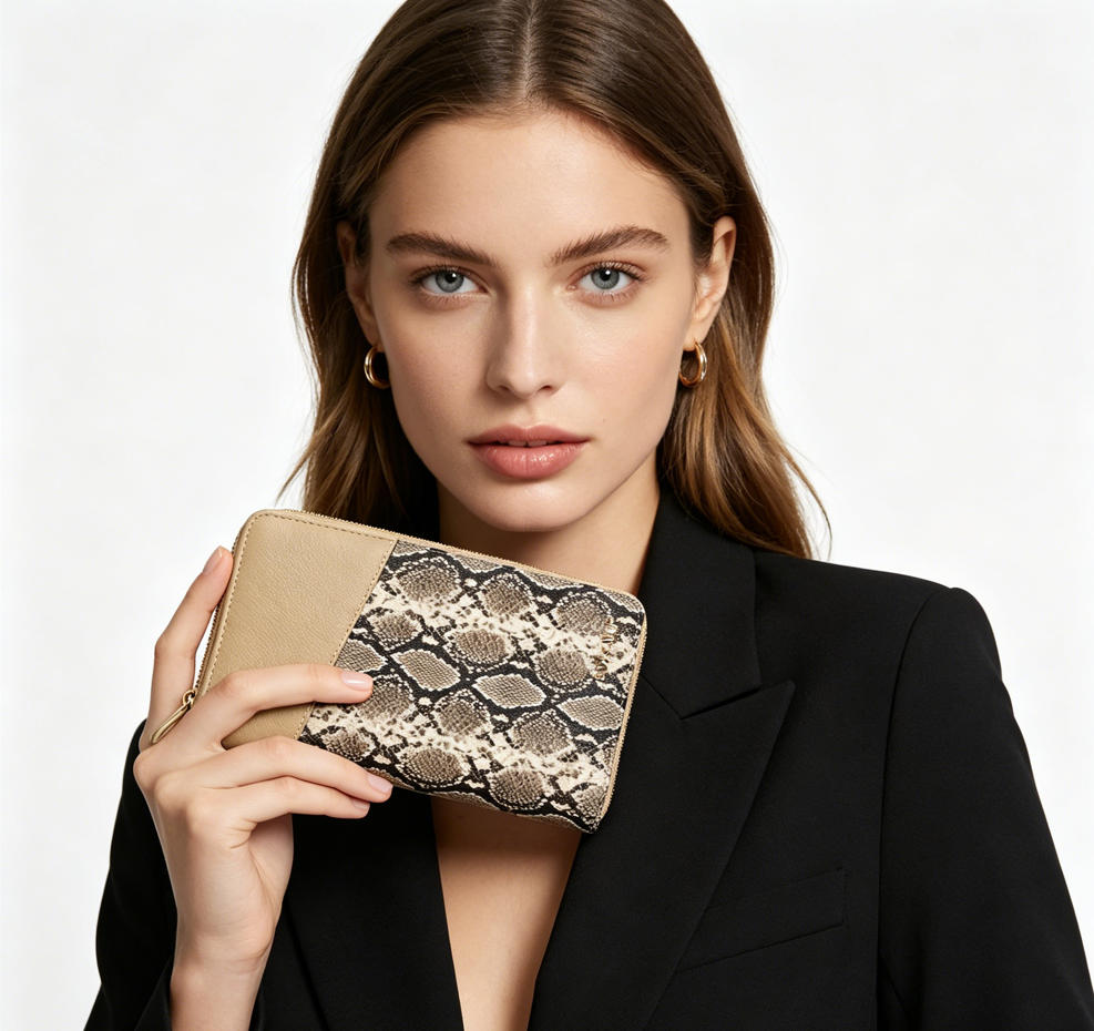Snake Print Color Block Faux Leather Long Zip Around Wallet, Ladies Multi-Card Purse with Custom Vertical Metal Logo, Mass Supply for Established Fashion Brands & Department Store Retail Chains
