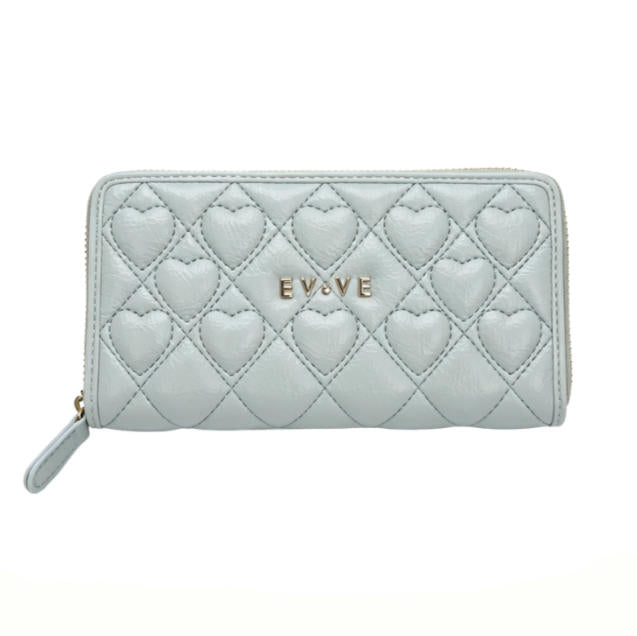 Light Grey Heart Quilted Faux Leather Long Zipper Wallet, Women Multi-Card Purse with Custom Metal Logo, Bulk Supply for Established Fashion Brands & Department Store Chains