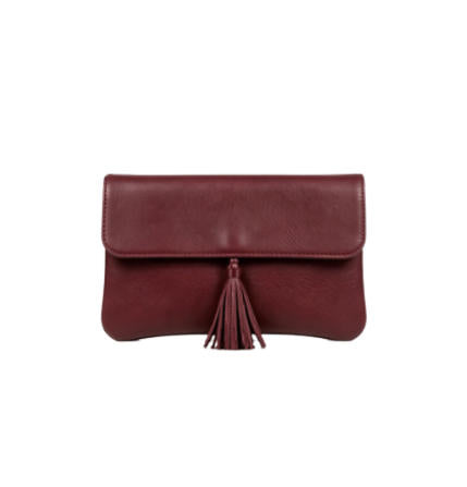 Burgundy Smooth Faux Leather Tassel Flap Clutch Bag, Minimalist Rectangular Evening Handbag for Formal Occasions, Bulk Supply for Established Fashion Brands & Luxury Department Stores