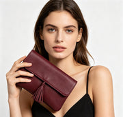 Burgundy Smooth Faux Leather Tassel Flap Clutch Bag, Minimalist Rectangular Evening Handbag for Formal Occasions, Bulk Supply for Established Fashion Brands & Luxury Department Stores