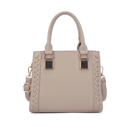 Light Beige Pebbled Faux Leather Woven Trim Top Handle Tote Bag, Convertible Crossbody Satchel Handbag with Detachable Strap, Mass Supply for Established Fashion Brands & Mall Retail Chains