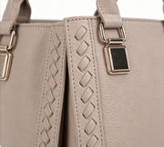 Light Beige Pebbled Faux Leather Woven Trim Top Handle Tote Bag, Convertible Crossbody Satchel Handbag with Detachable Strap, Mass Supply for Established Fashion Brands & Mall Retail Chains