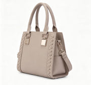 Light Beige Pebbled Faux Leather Woven Trim Top Handle Tote Bag, Convertible Crossbody Satchel Handbag with Detachable Strap, Mass Supply for Established Fashion Brands & Mall Retail Chains