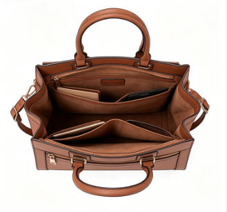 Brown Crossgrain Faux Leather Structured Top Handle Tote Bag, Front Zip Pocket Convertible Crossbody Office Handbag, Bulk Production Supply for Established Fashion Brands & Department Store Chains