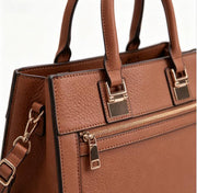 Brown Crossgrain Faux Leather Structured Top Handle Tote Bag, Front Zip Pocket Convertible Crossbody Office Handbag, Bulk Production Supply for Established Fashion Brands & Department Store Chains