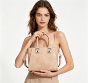 Minimalist Light Khaki Soft Leather Trapezoidal Tote Bag, Multi-Wear Daily Commuter Women’s Top Handle Handbag