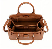 Tan Crossgrain Faux Leather Belt Buckle Top Handle Tote Bag, Key Pendant Decor Convertible Crossbody Office Handbag, Bulk Supply for Established Fashion Brands & Department Store Retail Chains