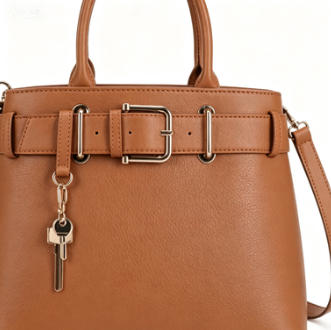 Tan Crossgrain Faux Leather Belt Buckle Top Handle Tote Bag, Key Pendant Decor Convertible Crossbody Office Handbag, Bulk Supply for Established Fashion Brands & Department Store Retail Chains