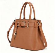 Tan Crossgrain Faux Leather Belt Buckle Top Handle Tote Bag, Key Pendant Decor Convertible Crossbody Office Handbag, Bulk Supply for Established Fashion Brands & Department Store Retail Chains