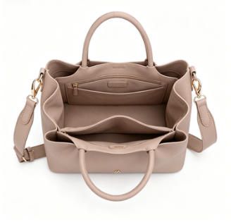 Khaki Pebbled Faux Leather Soft Tote Bag, Custom Metal Logo Detachable Crossbody Handbag, Bulk Supply for Established Fashion Brands & Mall Retail Chains