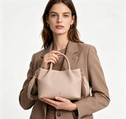 Khaki Pebbled Faux Leather Soft Tote Bag, Custom Metal Logo Detachable Crossbody Handbag, Bulk Supply for Established Fashion Brands & Mall Retail Chains