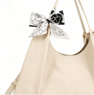 Cream Pebbled Faux Leather Large Hobo Tote Bag, Floral Silk Scarf Decor Convertible Crossbody Handbag, Bulk Supply for Established Fashion Brands & Department Stores