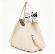 Cream Pebbled Faux Leather Large Hobo Tote Bag, Floral Silk Scarf Decor Convertible Crossbody Handbag, Bulk Supply for Established Fashion Brands & Department Stores