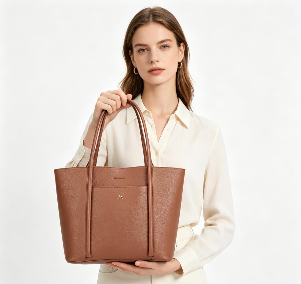 Brown Pebbled Faux Leather Large Work Tote Bag, Custom Metal Logo Office Shoulder Handbag, Bulk Wholesale for Established Fashion Brands & Mall Retail Chains