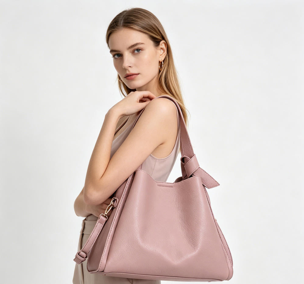 Dusty Pink Pebbled Faux Leather Hobo Tote Bag, Knotted Handle Detail Convertible Crossbody Handbag, Bulk Supply for Established Fashion Brands & Mall Retailers